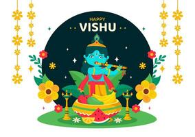 content vishu Festival vecteur illustration avec Krishna, traditionnel Kerala kani, des fruits et des légumes dans nationale vacances plat dessin animé Contexte