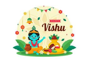 content vishu Festival vecteur illustration avec Krishna, traditionnel Kerala kani, des fruits et des légumes dans nationale vacances plat dessin animé Contexte