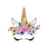 mignonne Licorne tête avec fleur couronne. vecteur