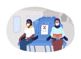 avion, sécurité sociale, distanciation, 2d, vecteur, isolé, illustration. passagers d'avion dans des masques faciaux personnages plats sur fond de dessin animé. précautions de voyage scène colorée post covid vecteur