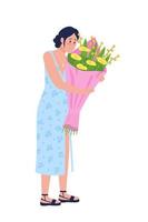 femme heureuse avec caractère de vecteur de couleur semi-plat bouquet. personnage posant. personne de tout le corps sur blanc. recevoir des fleurs isolées illustration de style dessin animé moderne pour la conception graphique et l'animation