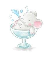 petit éléphant mignon jouant dans l'illustration du verre de vigne vecteur