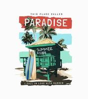 slogan paradisiaque avec cabane de plage et planches de surf sur fond rayé coloré vecteur