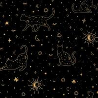 céleste chat sans couture modèle. d'or étoilé chats répéter Contexte. mystère étoiles, soleil, lune sur le noir. la magie ciel textile conception, tissu, fond d'écran. minimal ligne art. ésotérique vecteur illustration