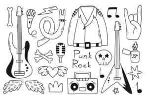 rock n roll, ensemble de doodle de musique punk. graffiti, tatouage autocollant dessiné à la main, texte, crâne, coeur, skate, geste de la main. illustration vectorielle de rock grunge. vecteur