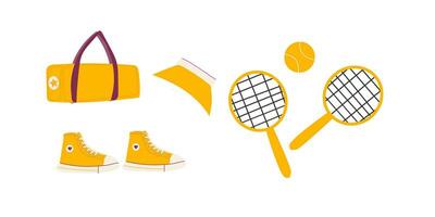 tennis ensemble sportif équipement avec sac et casquette. vecteur illustration isolé. tennis raquette, balle, sport chaussures, sac et les filles casquette. Jaune équipement et temps pour tennis.