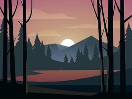 paysage coucher de soleil en forêt vecteur