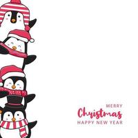 famille de pingouins mignon saluant joyeux noël et bonne année illustration de fond de carte de griffonnage de dessin animé vecteur
