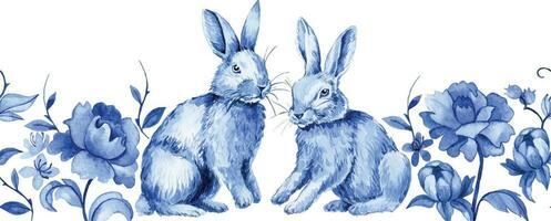 ancien sans couture frontière, Cadre avec Pâques lapins et bleu fleurs, aquarelle dessin dans ancien style. vecteur