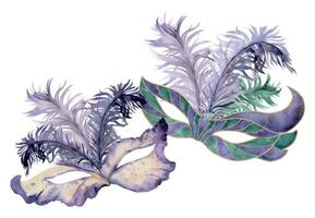 main tiré aquarelle mardi gras carnaval symboles. théâtre mascarade cirque masque plumes, violet drapeau iris fleur. composition isolé sur blanc Contexte. conception pour fête invitation, imprimer, magasin. vecteur