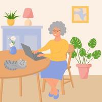 heureuse grand-mère avec un ordinateur portable est assise dans le salon. vecteur