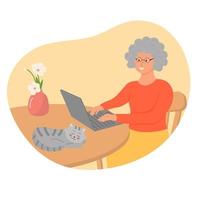 heureuse grand-mère avec un ordinateur portable, un chat et un vase avec des fleurs. vecteur