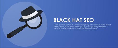 Bannière de seo chapeau noir et blanc. Loupe et autres outils et tactiques d’optimisation des moteurs de recherche. Illustration de plat Vector