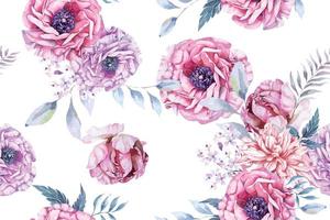 motif harmonieux de rose, de pivoine et de fleurs épanouies à l'aquarelle sur fond blanc. conçu pour le tissu luxueux et le papier peint, style vintage. motif floral dessiné à la main. jardin botanique. vecteur