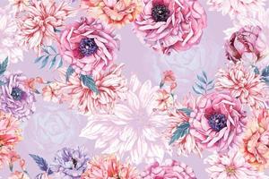 motif harmonieux de chrysanthème, rose, pivoine et fleurs épanouies à l'aquarelle sur fond pastel. conçu pour le tissu luxueux et le papier peint, style vintage. motif floral dessiné à la main. vecteur