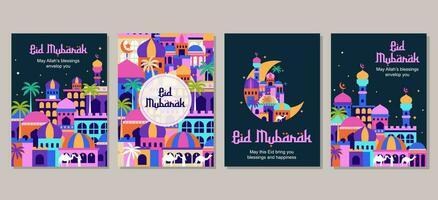 ensemble de eid mubarak Al fitr islamique arabe mosquée architecture illustration pour une affiche bannière, couverture modèle vecteur