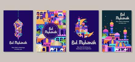 ensemble de eid mubarak Al fitr islamique arabe mosquée architecture illustration pour une affiche bannière, couverture modèle vecteur