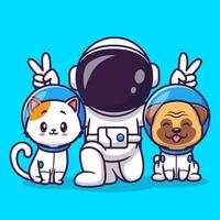 mignonne astronaute avec chat et carlin chien dessin animé vecteur icône illustration. science animal icône concept isolé prime vecteur. plat dessin animé style