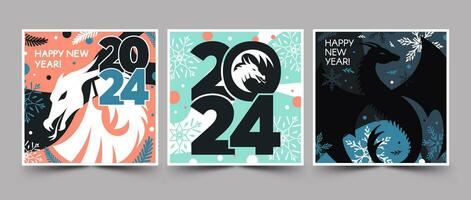 ensemble de content Nouveau année 2024 carré bannières avec dragons, des ballons, flocons de neige, et texte dans rose, bleu, vert, et noir couleurs. vecteur moderne plat illustration.
