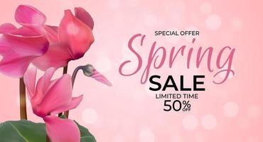 printemps offre spéciale vente affiche de fond modèle de fleurs et de feuilles de cyclamen naturel. illustration vectorielle vecteur