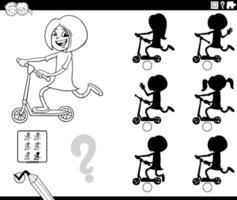 ombre Jeu avec dessin animé fille sur une pousser scooter coloration page vecteur