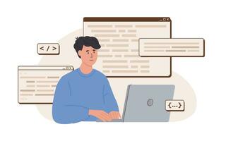 programmeur travail sur la toile développement dans php, python, javascript sur virtuel ordinateur filtrer. Logiciel ingénierie et scénario codage concept. Logiciel développeurs. plat vecteur isolé illustration.