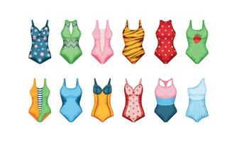 maillots de bain ensemble. une ensemble de quatre maillots de bain dans différent couleurs. femmes s tenue de plage. une baignade accessoire. vecteur illustration