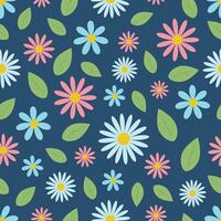 sans couture modèle. une modèle représentant multicolore fleurs et vert feuilles. brillant printemps floral modèle sur une bleu Contexte. vecteur illustration