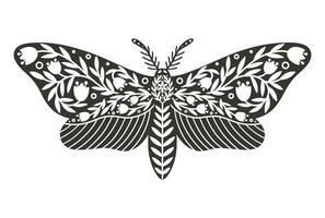 papillon de nuit icône avec ornement de fleurs et feuilles. ancien silhouette de noir et blanc mystique papillon de nuit ou papillon. en volant céleste insecte, vecteur illustration