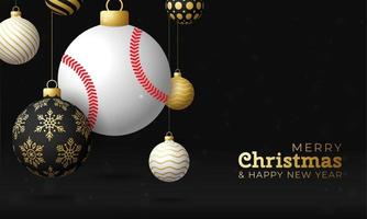 carte de Noël de base-ball. carte de voeux de joyeux noël sport. accrocher sur une balle de baseball de fil comme une boule de Noël et une boule dorée sur fond horizontal noir. illustration vectorielle sportive. vecteur