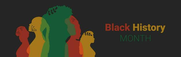 noir histoire mois bannière. multicolore silhouettes de africain femmes sur une foncé Contexte. content vacances dans février 2024. vecteur