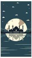 mosquée silhouette avec montagnes et plein lune dans le Contexte vecteur