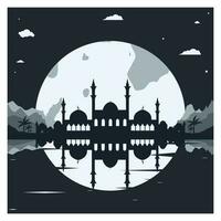 mosquée silhouette avec montagnes et plein lune dans le Contexte vecteur