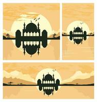 collection de mosquée silhouette avec montagnes et le coucher du soleil dans le Contexte vecteur