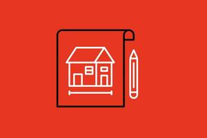 document avec maison et crayon icône dans ligne style sur rouge Contexte. vecteur