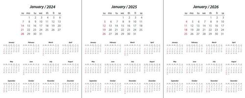 calendrier 2024, calendrier 2025, calendrier 2026 la semaine début dimanche vecteur