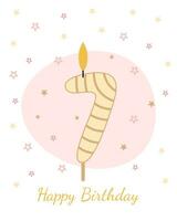doux, content anniversaire carte. vecteur illustration de une bougie pour une gâteau dans le forme de le nombre 7.
