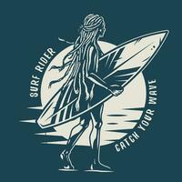 silhouette de fille surfeur sur plage, surfant planche vecteur