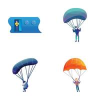 parachutisme Icônes ensemble dessin animé vecteur. Masculin parachutiste pendant sauter vecteur