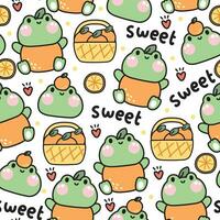 sans couture modèle de mignonne grenouille avec Orange et cœur sur blanc arrière-plan.reptile animal personnage dessin animé conception.printemps saison.fruit.kawaii.vector.illustration. vecteur