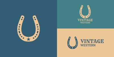 fer à cheval pour pays, occidental, cow-boy ranch logo conception inspiration dans bleu ancien Couleur présenté dans plusieurs logo postes adapté pour le logo de ferme loger, bétail, et autres. vecteur