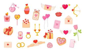 gros la Saint-Valentin journée ensemble avec dessin animé éléments de l'amour symboles. l'amour lettre, enveloppe, cœur, engagement anneaux, bijoux boîte, petit gâteau, sucette, serrure, clé, cadeau boîte, bougie, rose, fleur, ballon vecteur