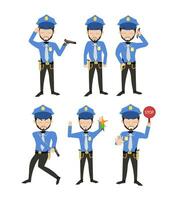 dynamique exécutants - dessin animé vecteur représentations mettant en valeur policiers dans une spectre de bleu uniforme pose