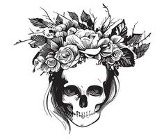 crâne avec fleurs esquisser main tiré dans griffonnage style vecteur illustration