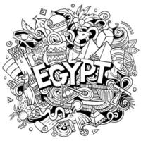 Egypte dessin animé griffonnage illustration. marrant conception. Créatif vecteur Contexte. manuscrit texte avec égyptien éléments et objets. vague composition