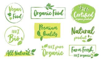 biologique nourriture, en bonne santé la vie et Naturel produit Étiquettes et badges pour nourriture marché, commerce électronique, biologique des produits promotion. vecteur