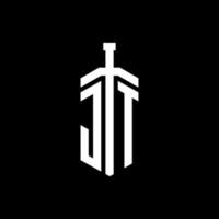 monogramme du logo jt avec modèle de conception de ruban d'élément d'épée vecteur