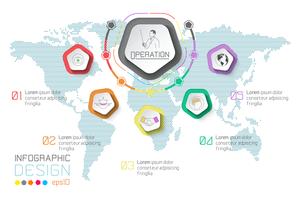 Infographie des étiquettes commerciales sur fond de carte mondial. vecteur