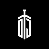 monogramme de logo dj avec modèle de conception de ruban d'élément d'épée vecteur
