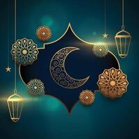 eid mubarak réaliste carte avec lanterne et lune vecteur